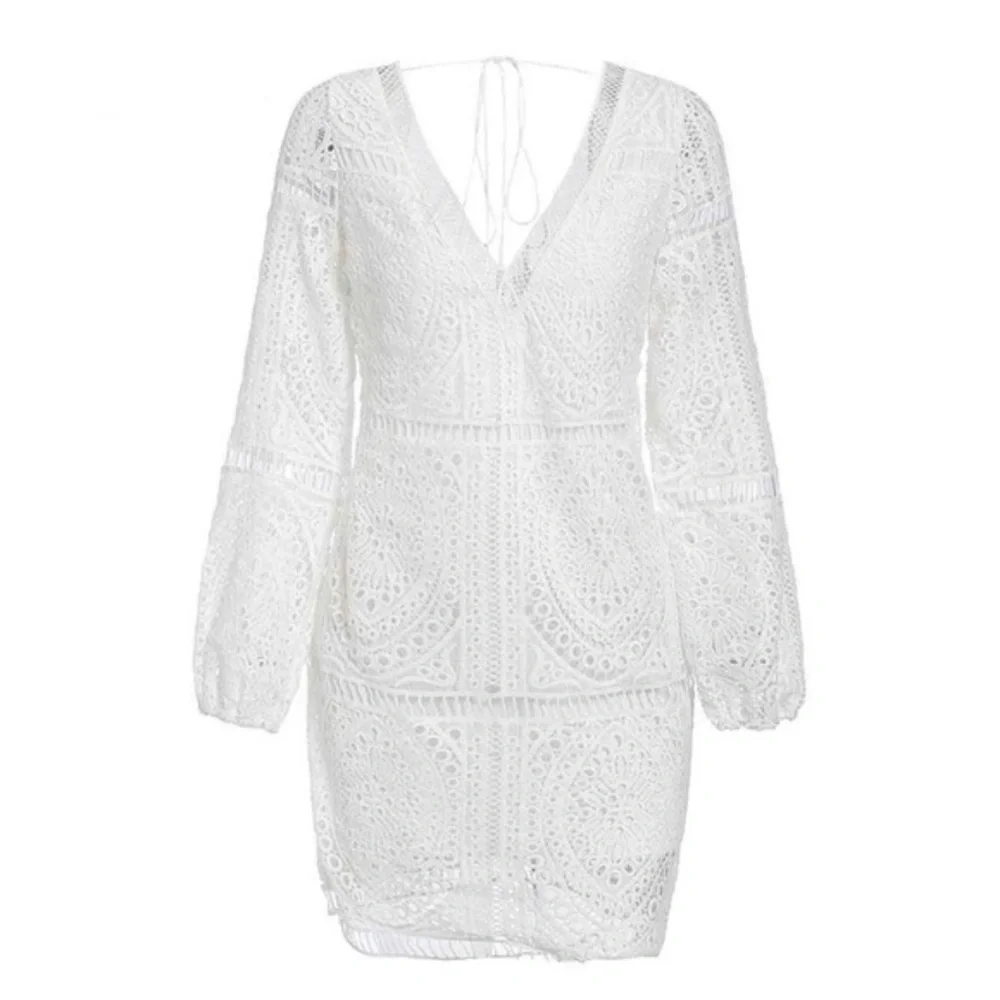 Boho White Low back Tassel Tie Lace dress cover up - Picture 5 of 7